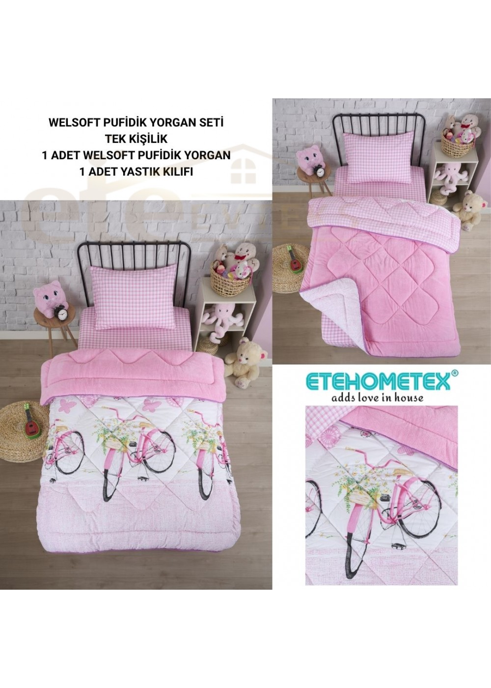 ETE HOMETEX TEK KİŞİLİK LÜX WELSOFT YORGAN SETİ BİSİKLET PEMBE 155X215CM 8696474231865